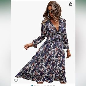 NWOT v-neck ruffle long sleeve floral a-line midi dress